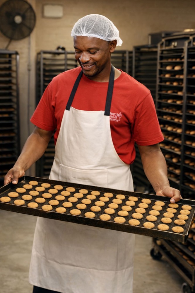 A baker at The Cookie Factory holding a tray of freshly baked biscuits